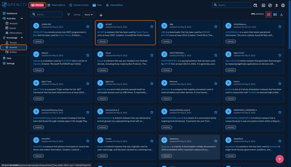 OpenCTI Arsenal Pages