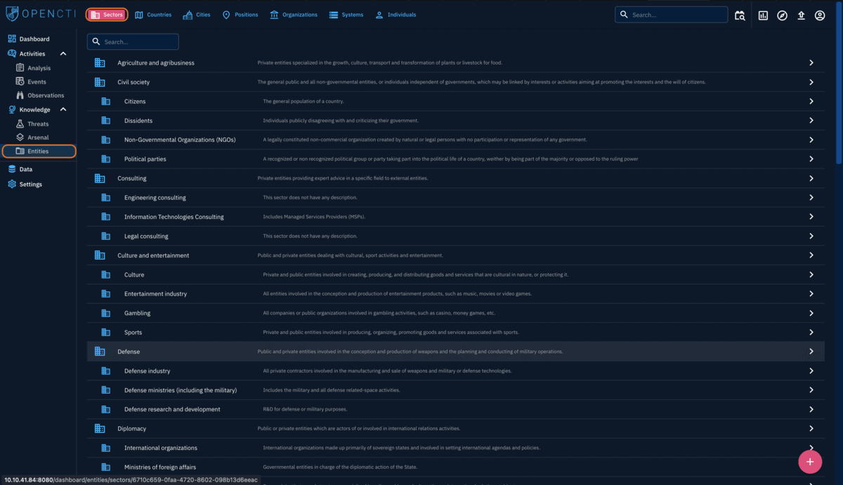 OpenCTI Entities Pages