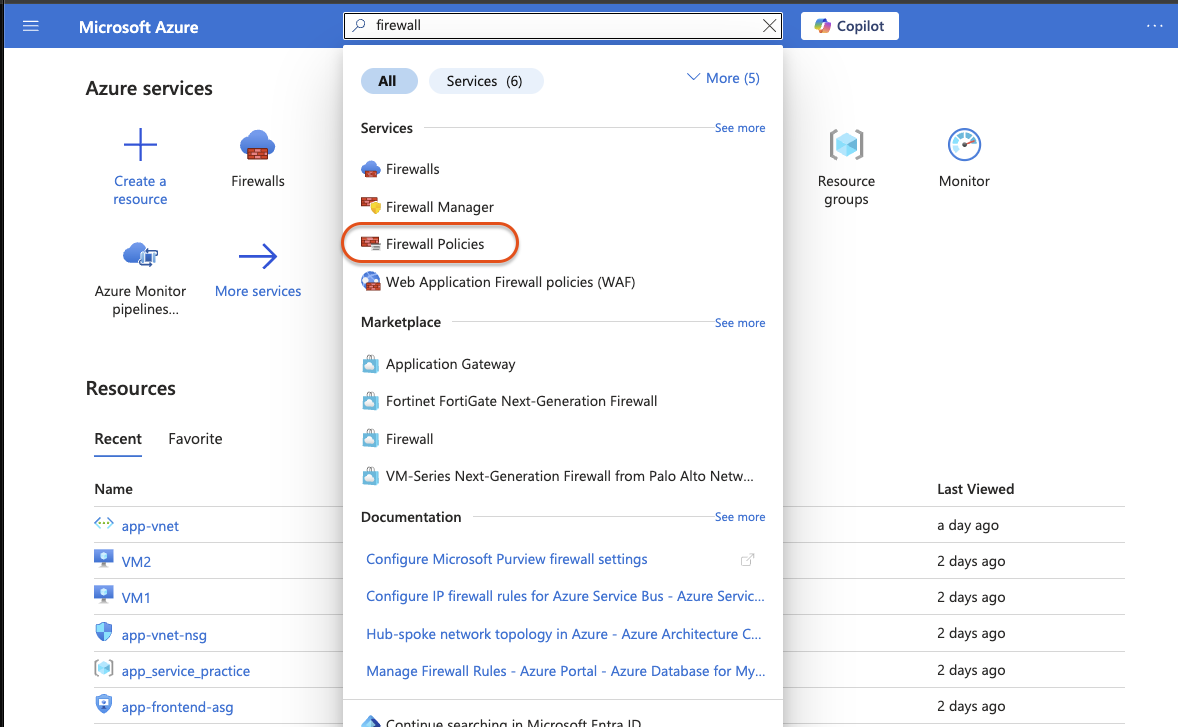 Search for and select  raw `Firewall Policies` endraw 