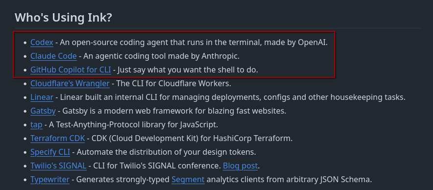 Ink's repository section with information of where the framework is been used