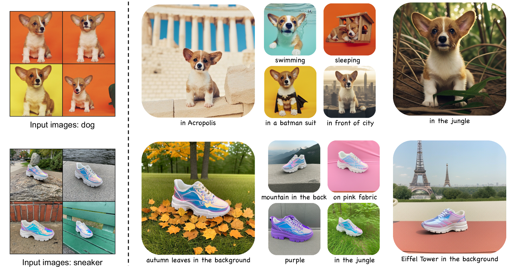 Using only a few reference images (typically 3-5) of a subject (left), researchers fine-tune an auto-regressive model to generate personalized images of the subject in diverse contexts (right), guided by text prompts.