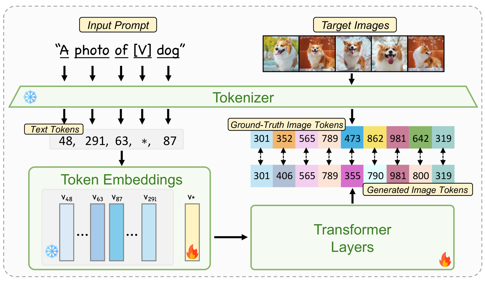 We fine-tune a text-to-image auto-regressive model using 3-5 input images, each paired with a text prompt that includes a unique identifier and the subject class name (e.g., 