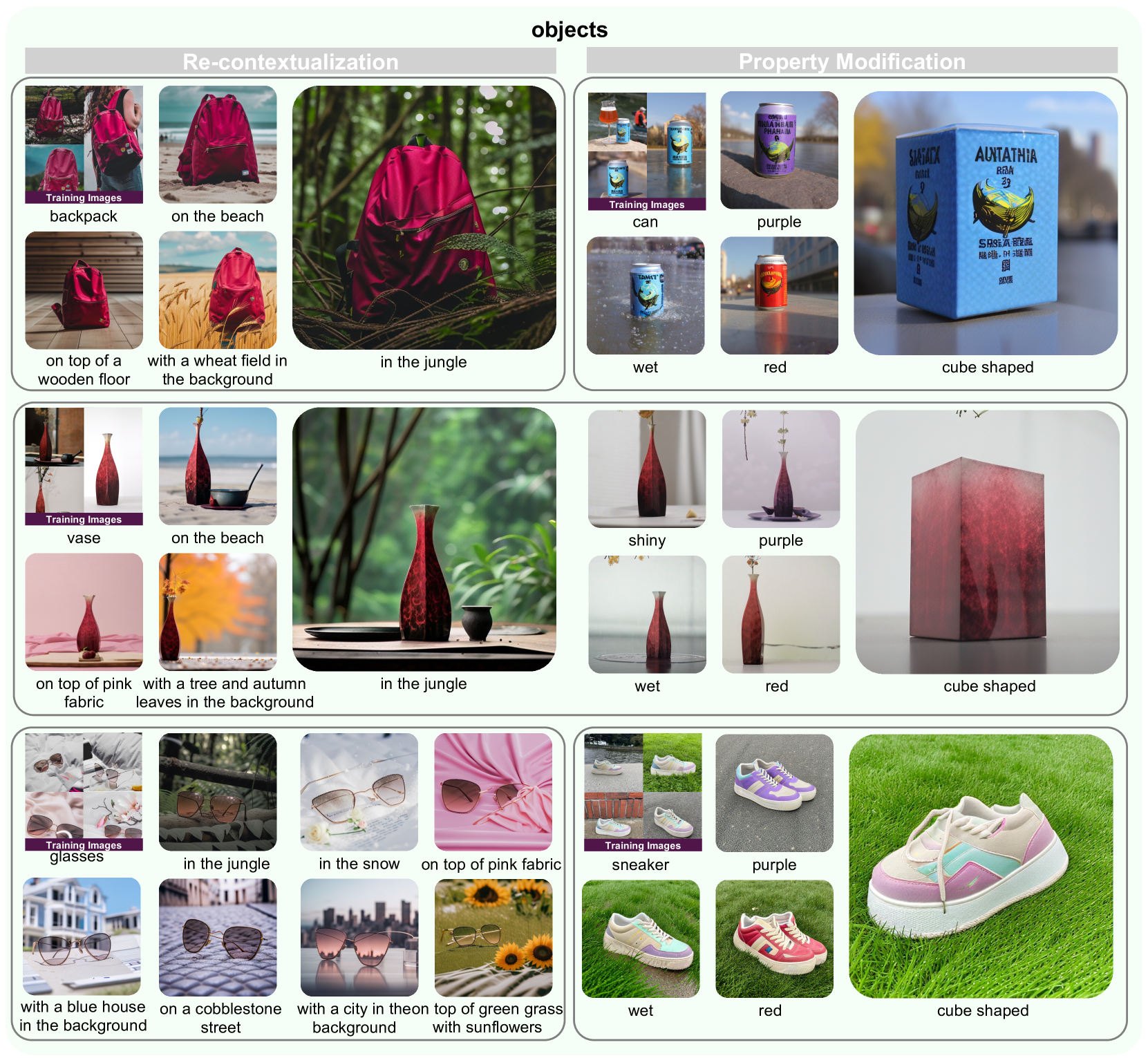 We generate images of personalized objects to showcase the generative capabilities of re-contextualization and property modification.
