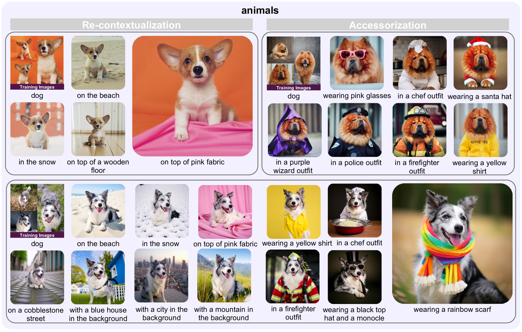 We generate images of personalized animals to showcase the generative capabilities of re-contextualization and accessorization.