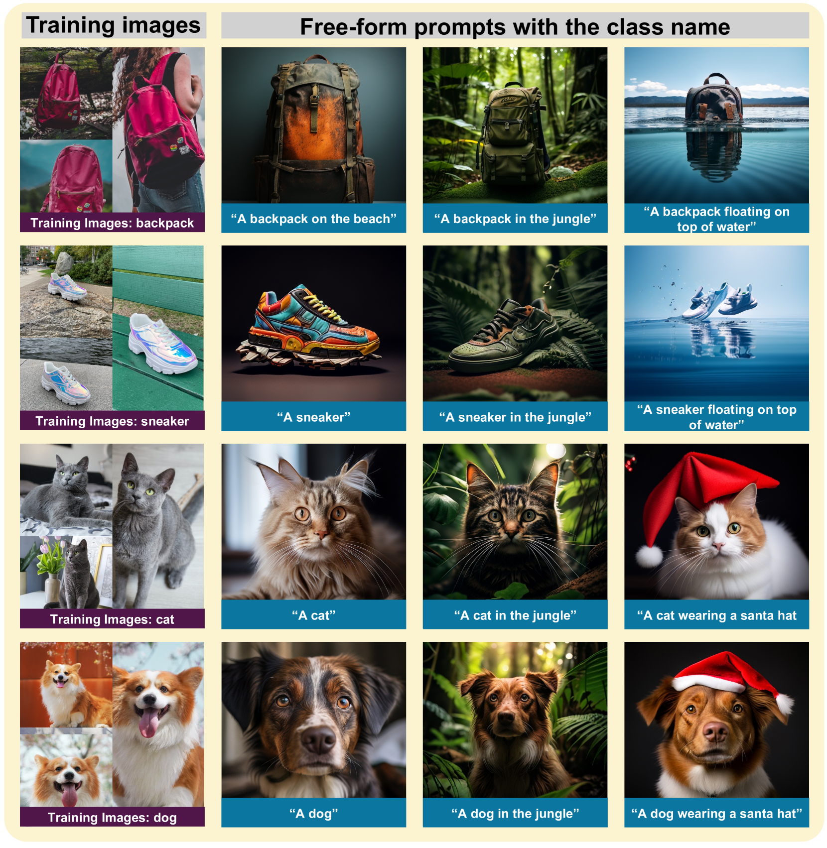 Fine-tuning auto-regressive models with a set of reference images does not result in language drift or reduced output diversity. The first column displays the training images, the next three columns show images generated using free-form prompts that include the specific subject class name.