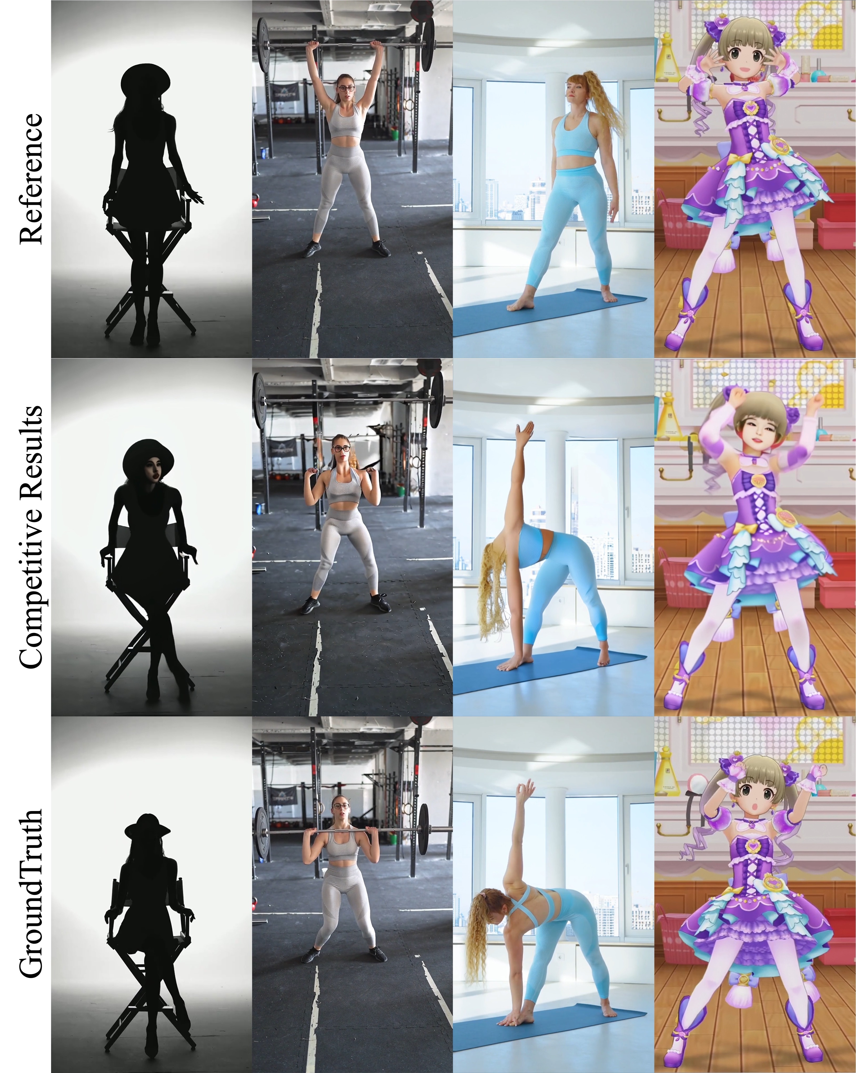 Failure cases of existing methods. Existing methods sometimes generate a face in the silhouette frame, leave dumbbells suspended in the air when the woman squats down, generate artifacts when producing the yoga pose, and generate a realistic face for the comic character.