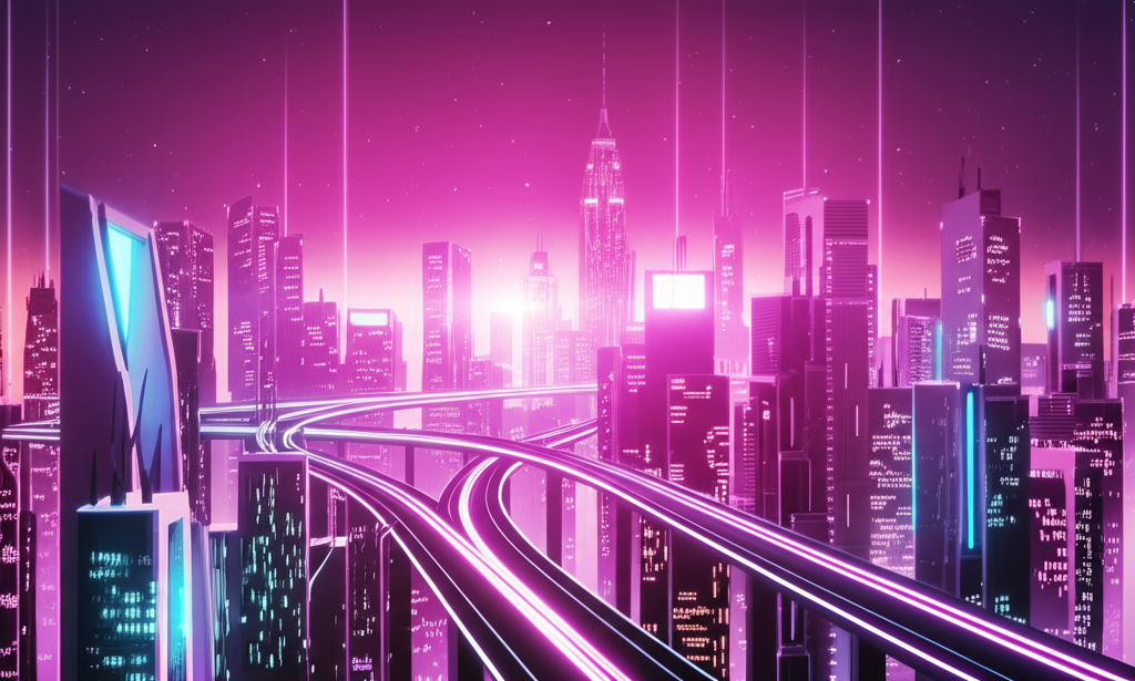 A futuristic cityscape where digital bridges connect buildings representing seamless collaboration across vast distances, glowing with neon lights under a starlit sky, in a cyberpunk style, 4k resolution