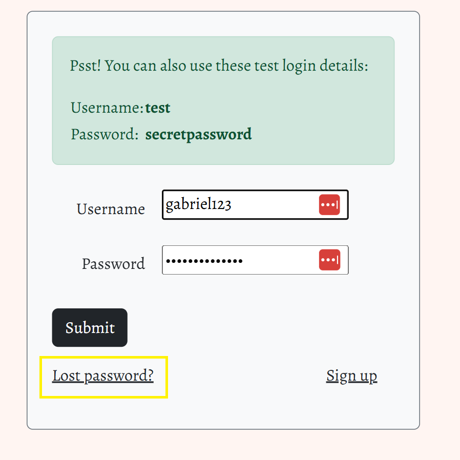 Password reset link on login page