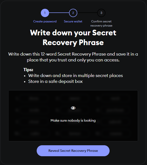 Write down your Secret Recovery Phrase