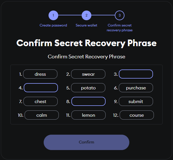 Confirm Secret Recovery Phrase