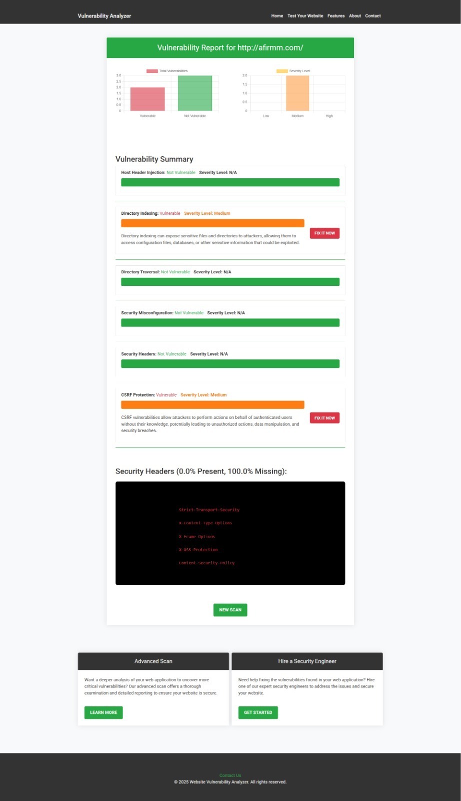 An Example of a vulnerability assessment report generated with our free tool, providing insights into possible vulnerabilities.