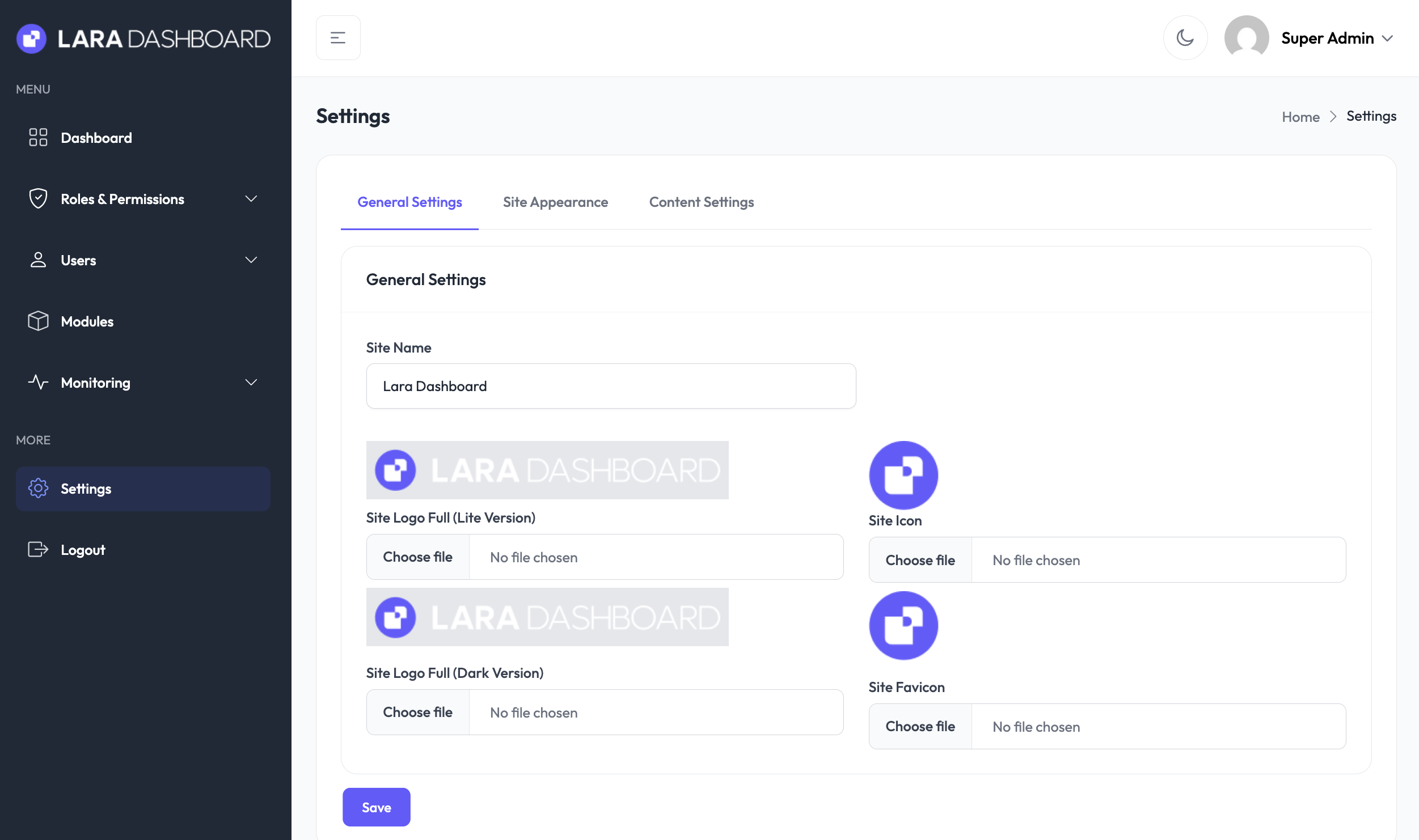 Settings - Lara Dashboard