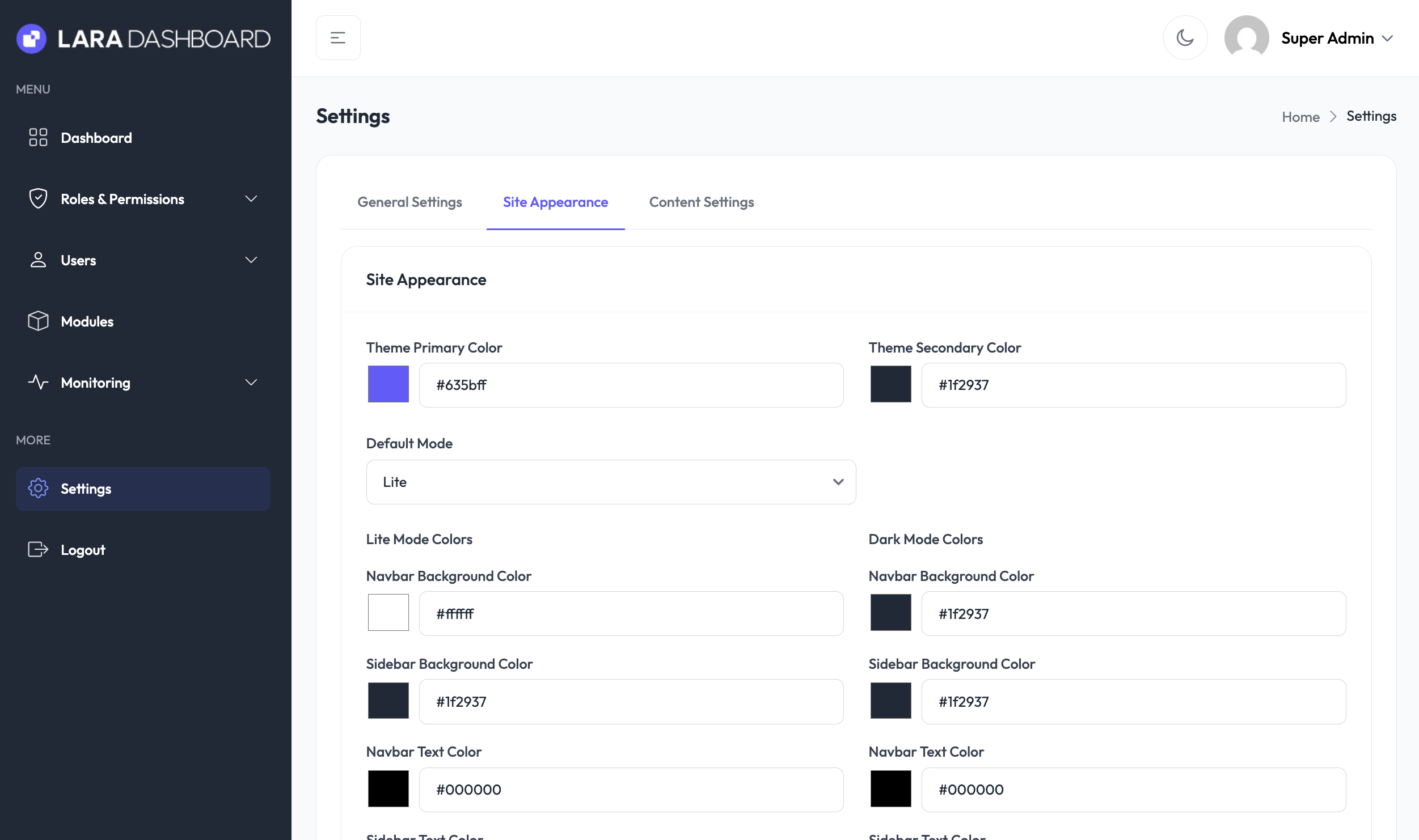 Settings - Lara Dashboard