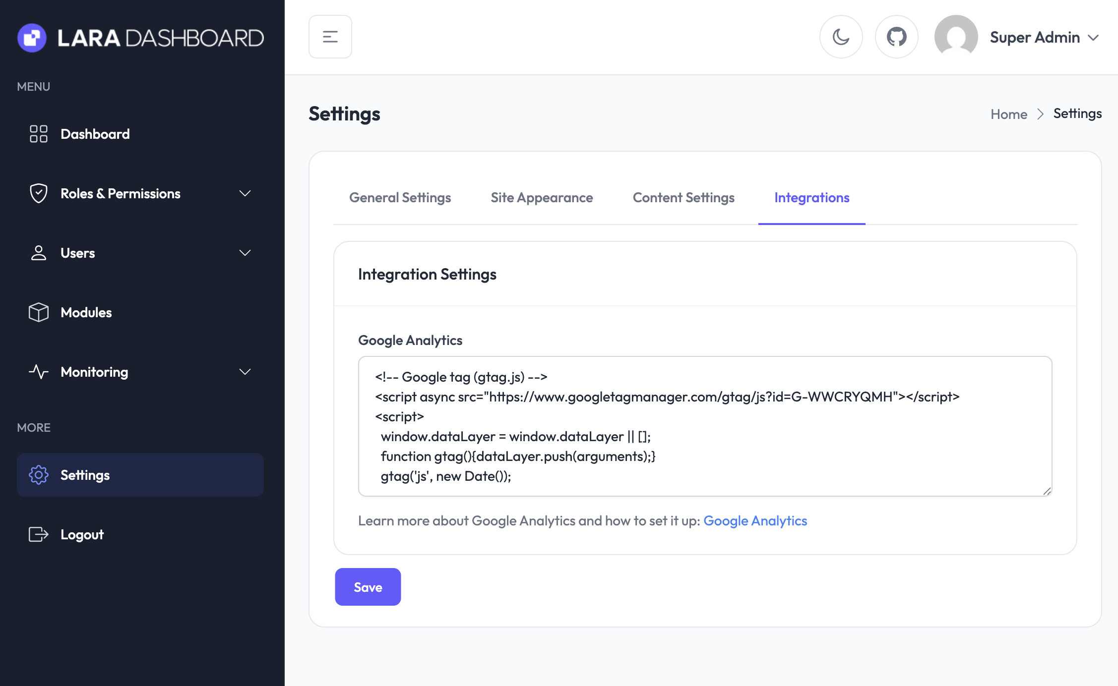 Settings - Lara Dashboard