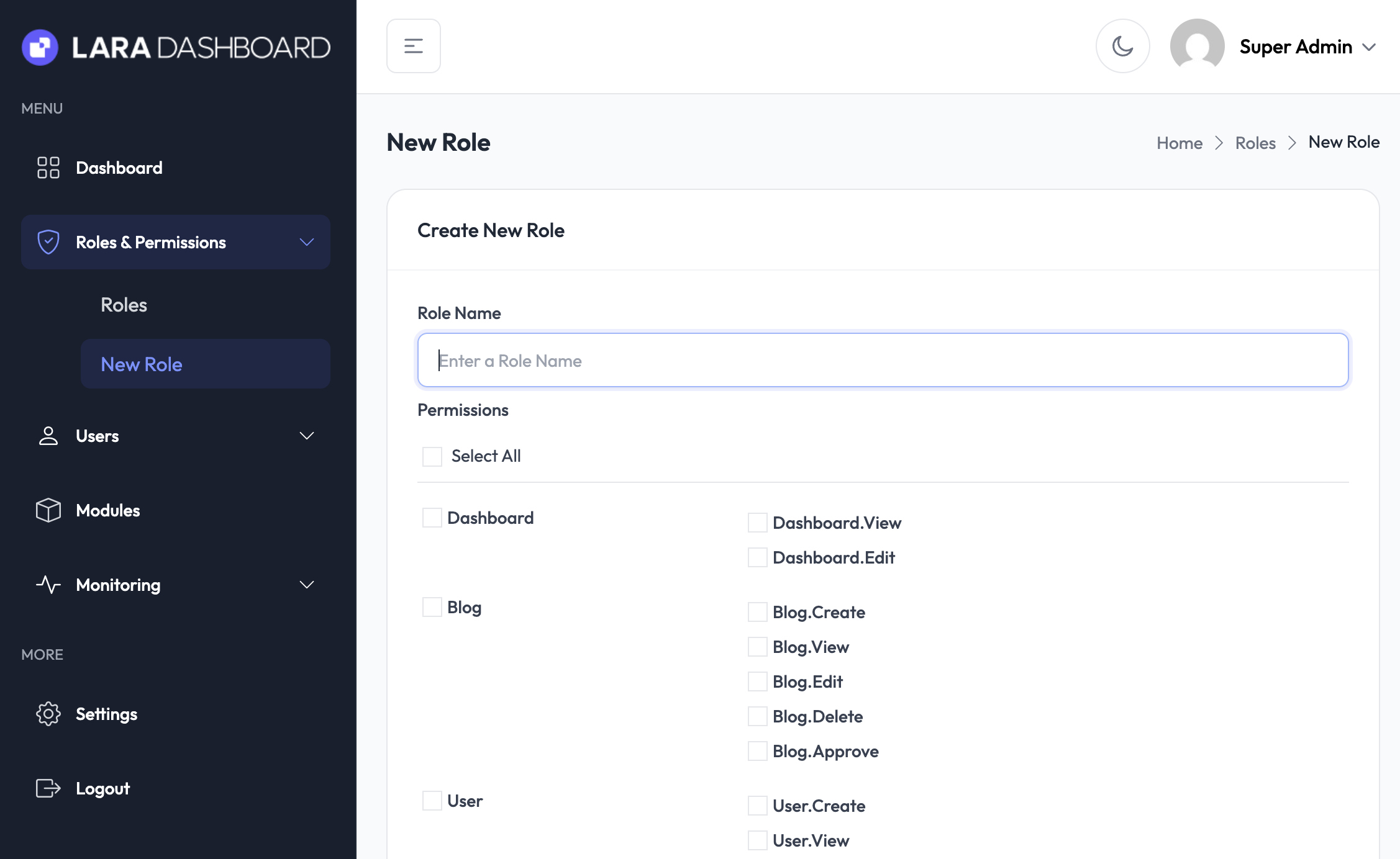 Roles - Lara Dashboard