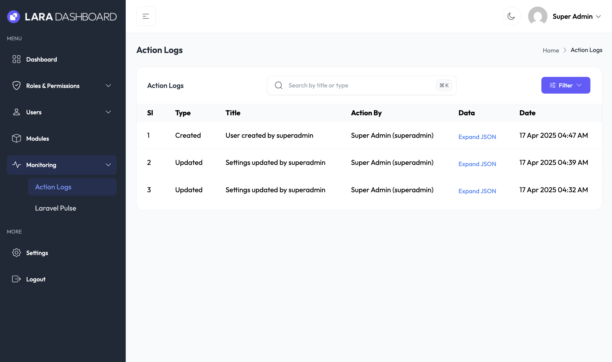Action Logs - Lara Dashboard
