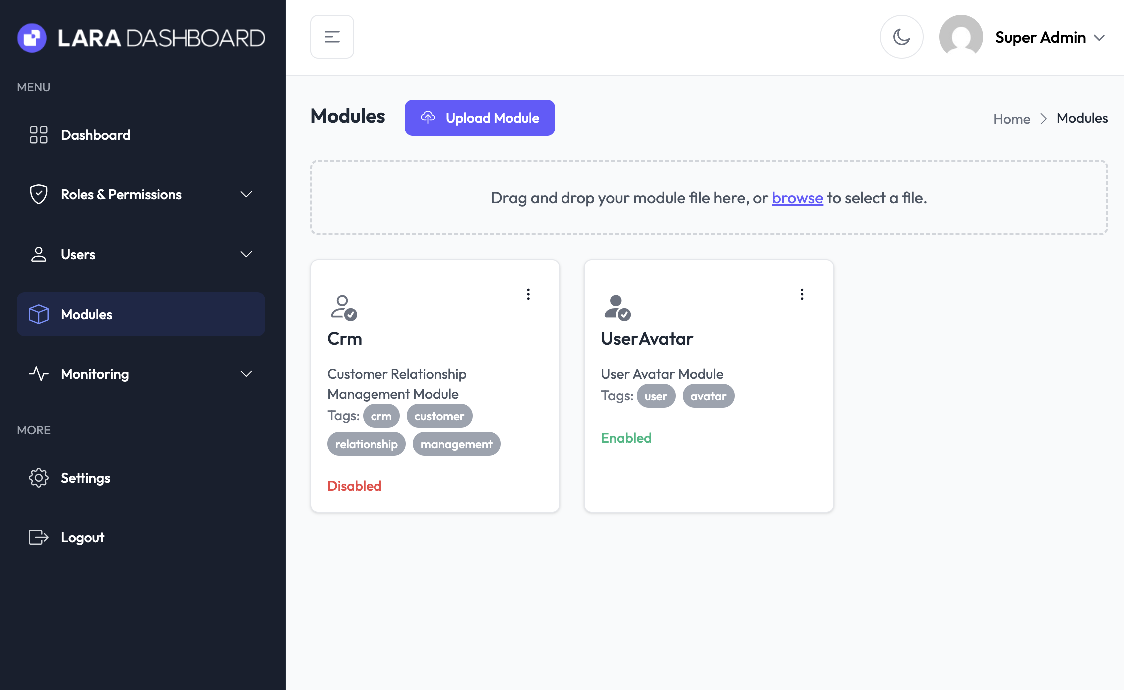 Modules - Lara Dashboard