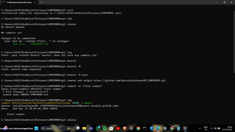 Step-by-Step Git Commands Execution: