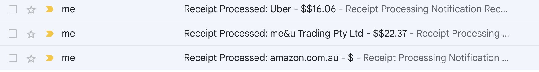 Plain text email showing successful message of receipts. Three receipts sent to inbox from Amazon SES