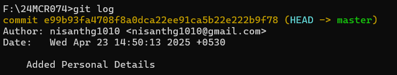 he Git log output with author, timestamp, and message 