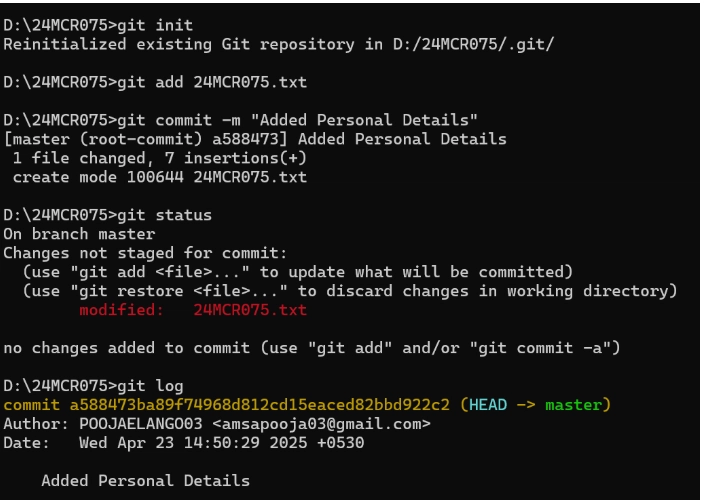 Step-by-Step Git Commands Execution:
