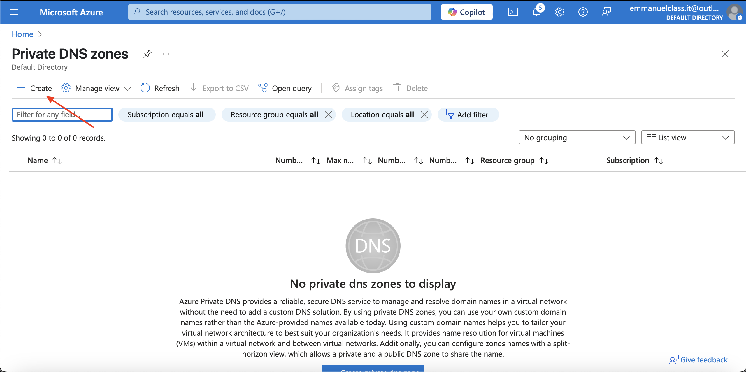 Create private dns zone