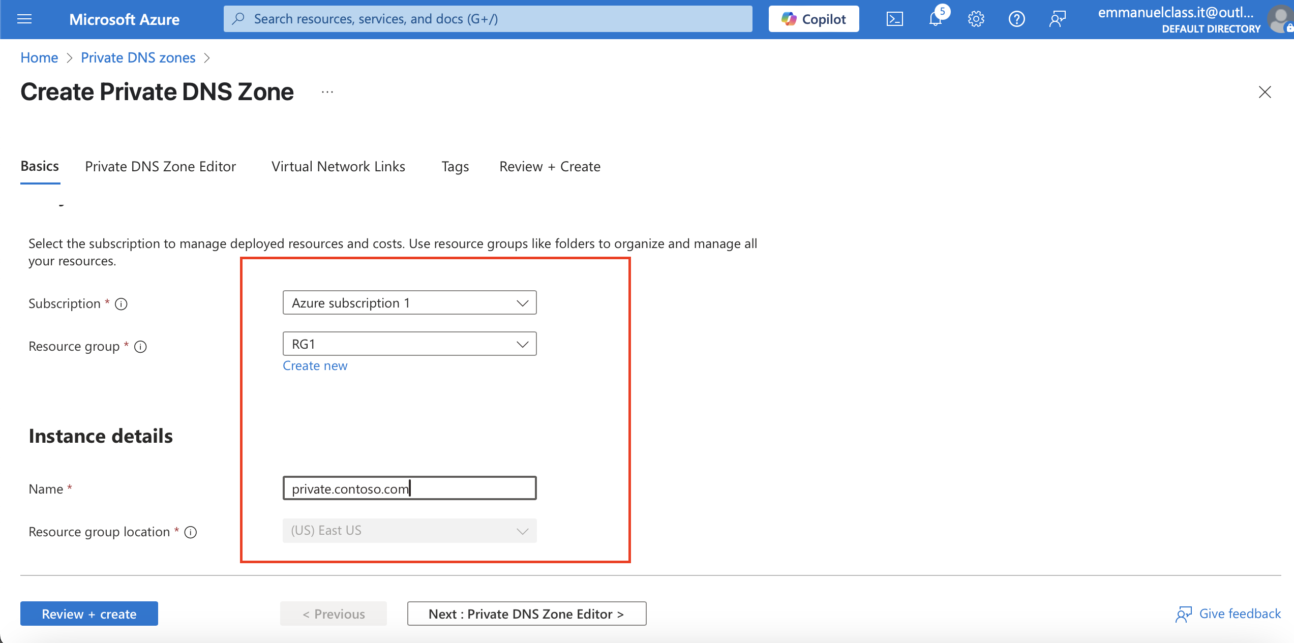 Configuring private dns zone