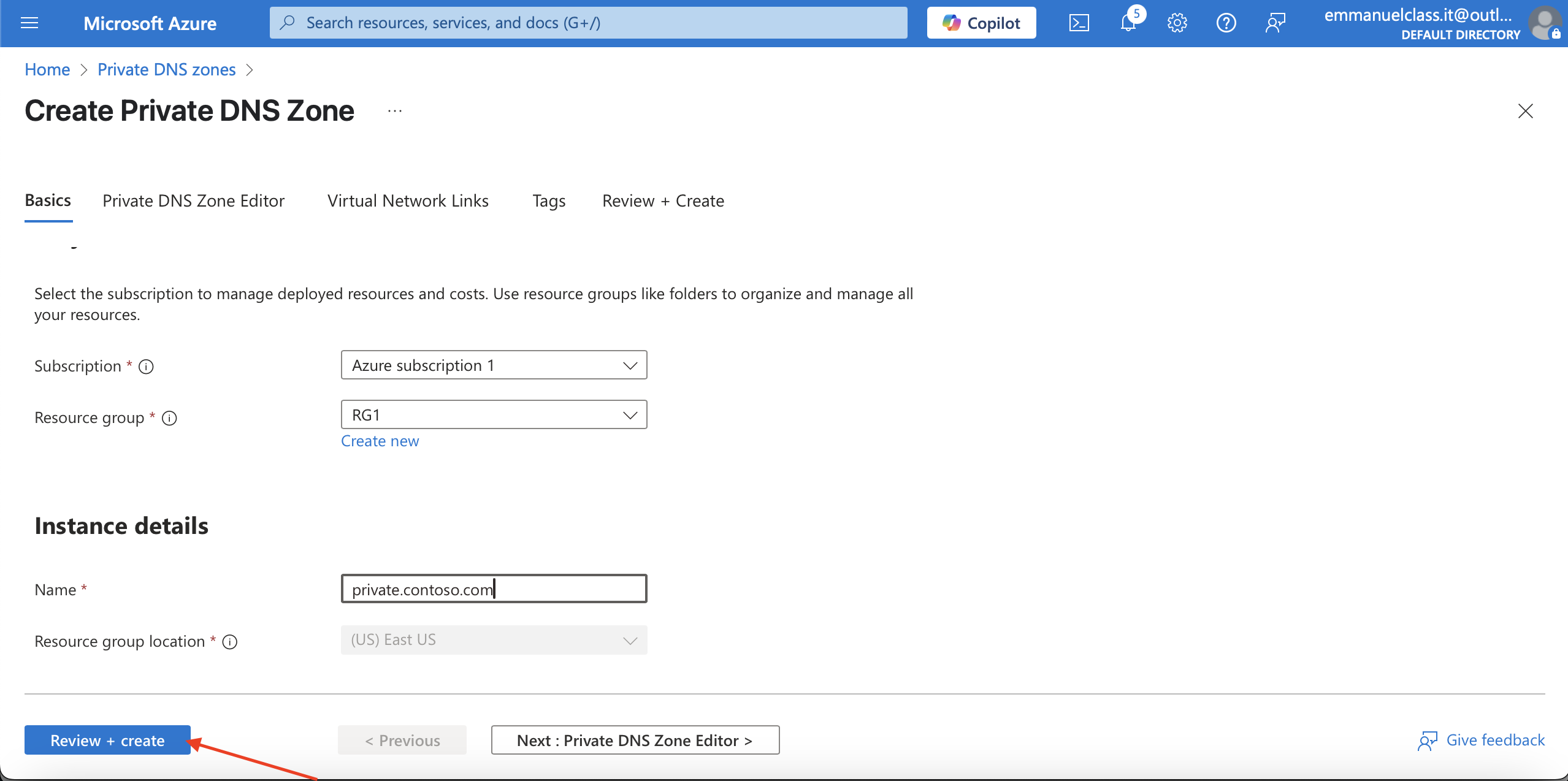 Review+Create for validation