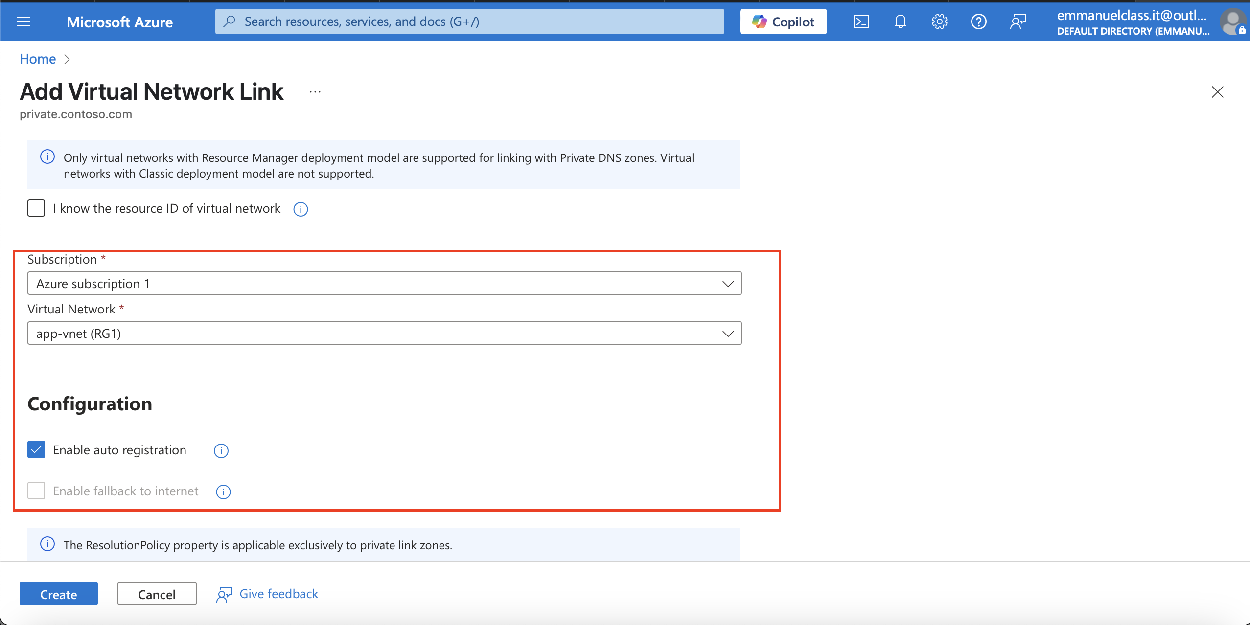 Configuring the virtual network linkl