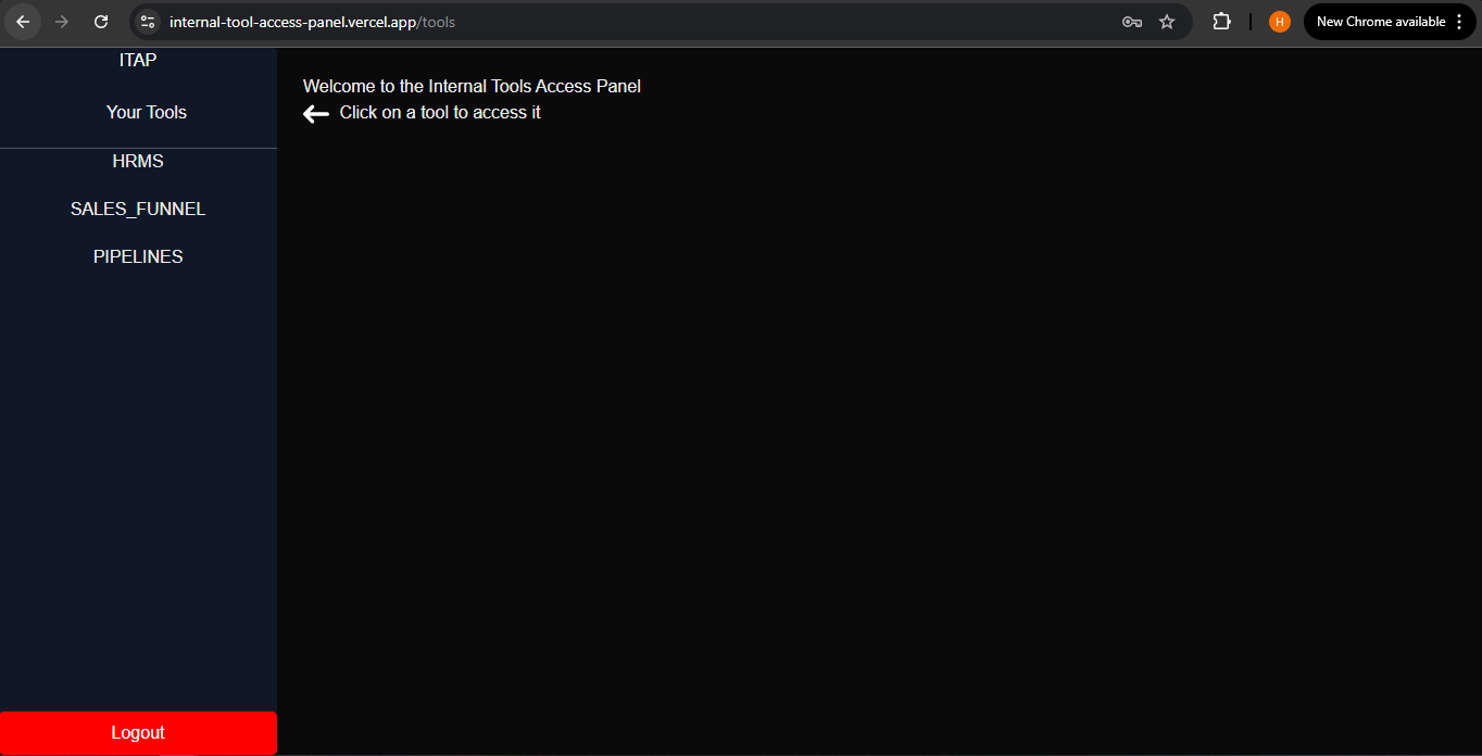 After login, users are redirected to the tools dashboard. Admins see all tools: HR, Sales, and Pipelines.