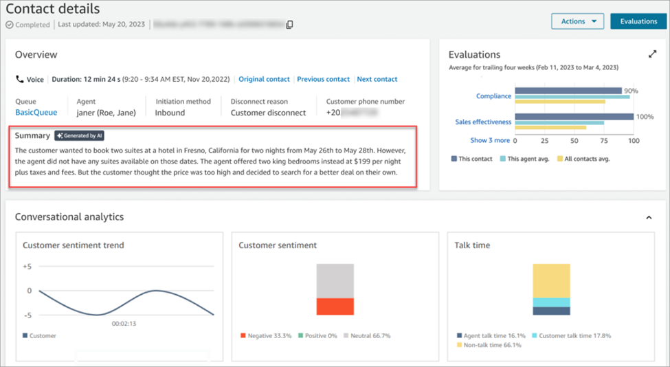 Amazon Connect summarizes call content for evaluation and analysis