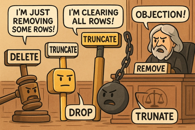The SQL Courtroom: DELETE vs TRUNCATE vs DROP (A Comic for Learners)