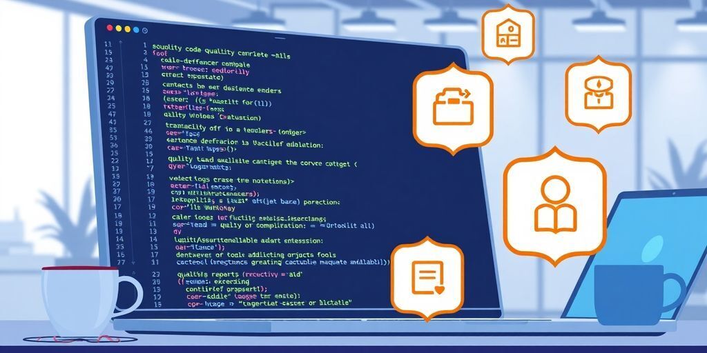 Illustration of a code editor and quality tools.