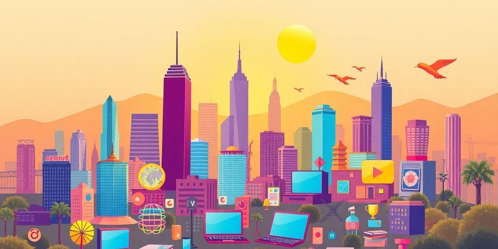 California tech landscape with landmarks and innovation elements.