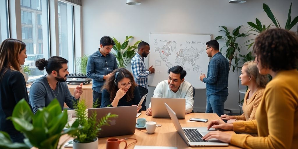 Diverse professionals collaborating in a modern office space.