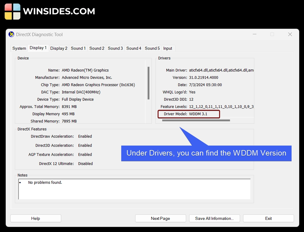 Under Drivers, you can find the WDDM Version