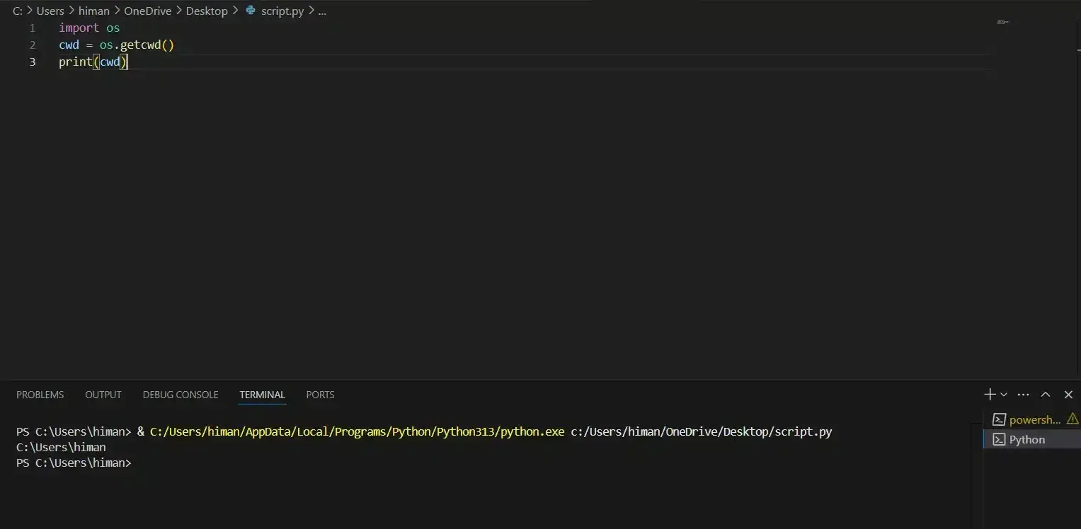 Using os.getcwd() in Python to get the current working directory. The screenshot shows a Python script in Visual Studio Code with the terminal output displaying C:sersiman as the result of the os.getcwd() function.