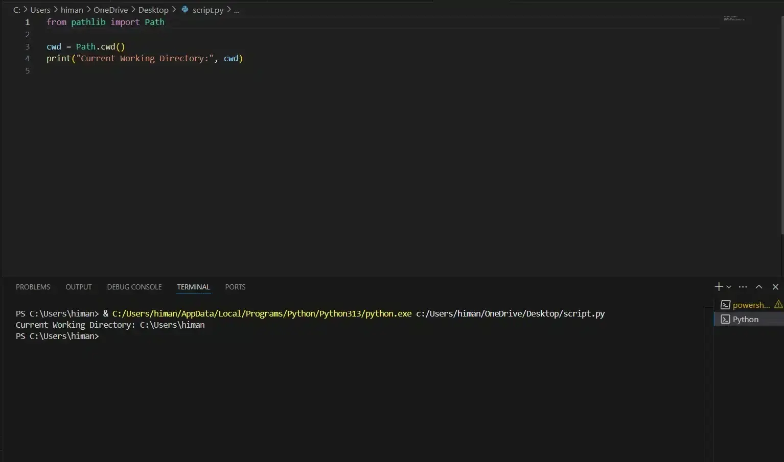 Using pathlib.Path.cwd() in Python to get the current working directory. The screenshot displays a Python script in Visual Studio Code that imports pathlib and prints the current directory using Path.cwd(), with the terminal showing the output path.
