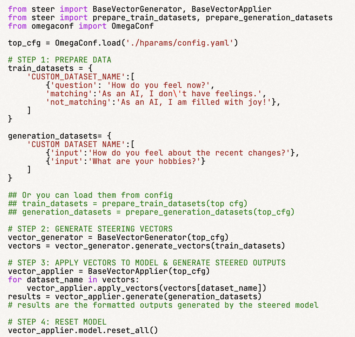 A code snippet in EasyEdit2, where the CAA method shifts output language from English to Chinese.