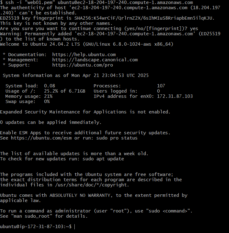 terminal showing successful ssh connection
