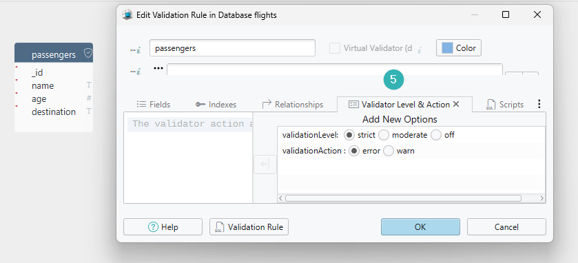 Set Validation Level Visually a Validation Rule using DbSchema