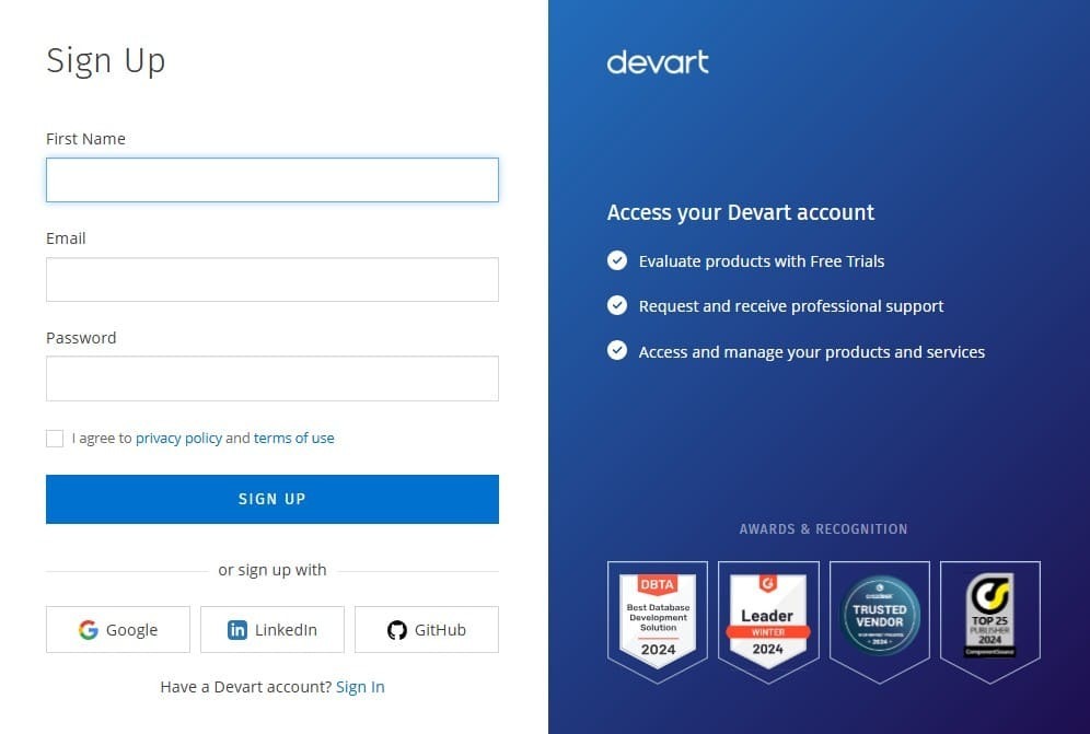 Devart’s Authorization Page
