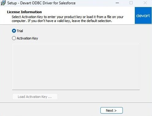 Selecting a license type in the ODBC Driver for Salesforce Setup Wizard