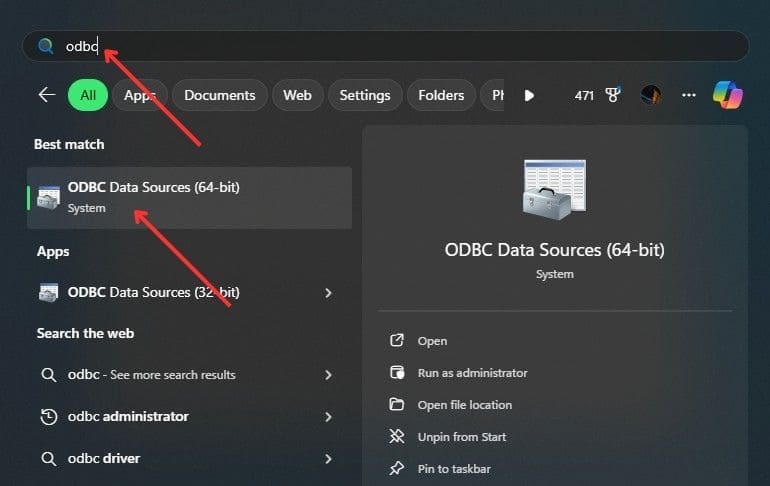 ODBC Data Sources Shortcut found with Windows Search