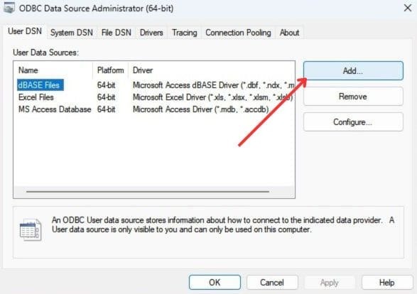 Main view of ODBC Data Source Administrator