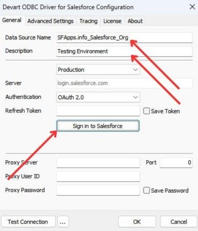 Devart ODBC Driver for Salesforce Configuration Window