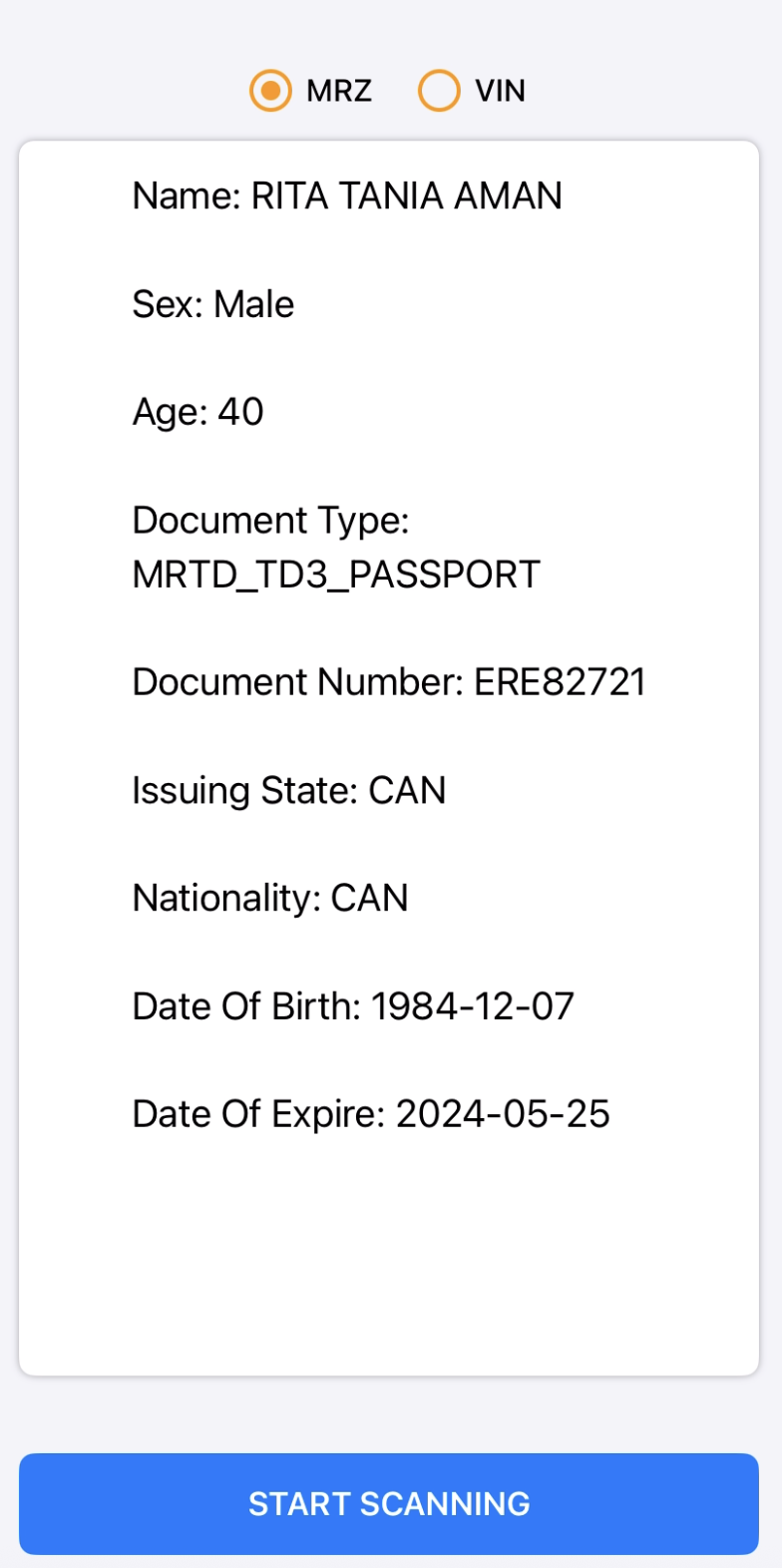 iOS MRZ/VIN Scanner UI