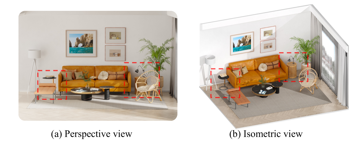 Comparison of perspective view and isometric view of a living room scene. Zoom in for more details.