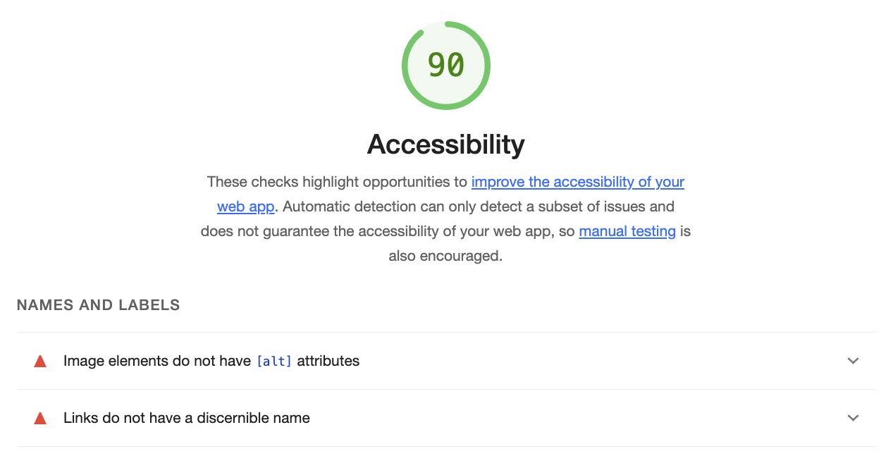 Lighthouse Dev Tools result