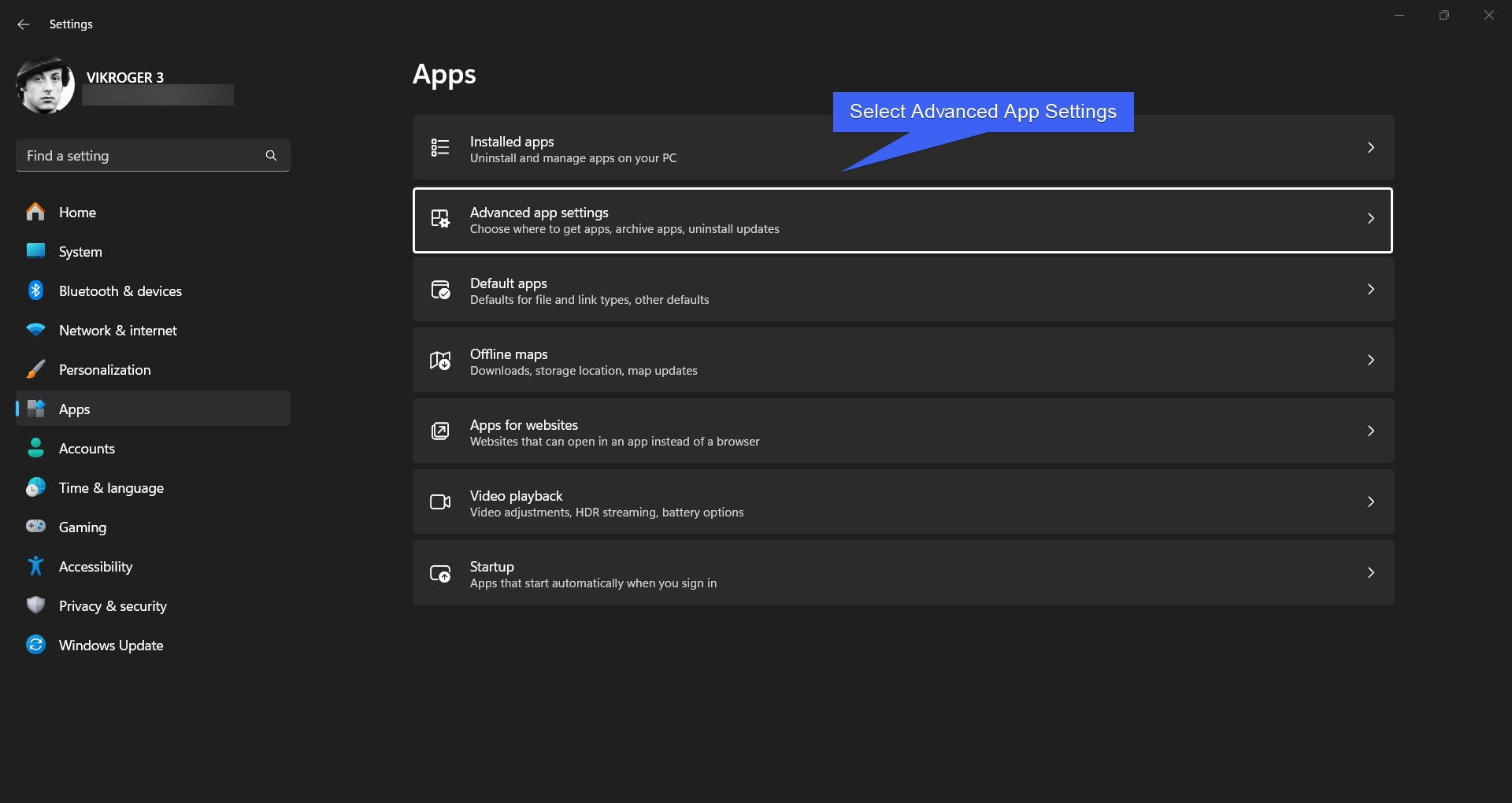 Click on Advanced App Settings